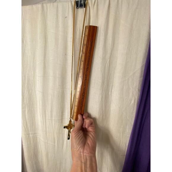 Gold tone St. Benedict Crucifix Pendant Necklace on Heavy Gold tone box chain. - Picture 2 of 16